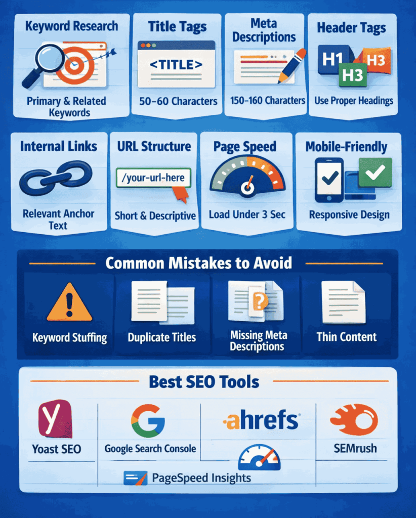 on page SEO checklist showing title tags meta descriptions headings images and internal links
